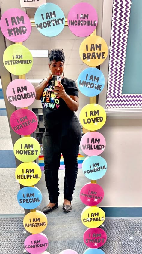 Affirmation mirror for my classroom!!Affirmation Station!Affirmation Mirror School Board Ideas Highschool, Hope Squad Week Ideas, Employee Of The Month Board Ideas, Daycare Decorations, Classroom Affirmations, Hope Squad, Appreciation Station, Mirror Affirmations, Employee Appreciation Board