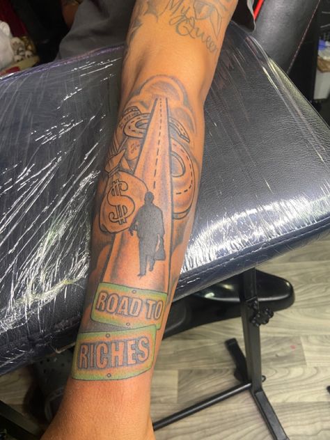 Roads To Riches Tattoo, Left Arm Tattoo Men Half Sleeve, Road To Riches Tattoo Design, Money Power Respect Tattoo, Road To Riches Tattoo, Long Live Tattoo, Journey Tattoo, Arm Tattoos Black, Road To Riches