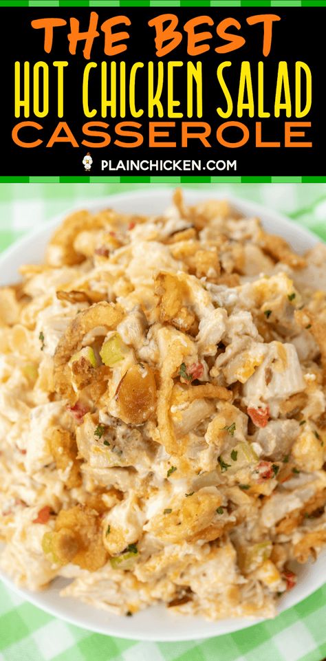 The BEST Hot Chicken Salad - seriously delicious chicken casserole!! Baked chicken salad loaded with pimentos, water chestnuts, almonds, cheese and french fried onions. Great for lunch, brunch, dinner, baby showers, potlucks and tailgating. Chicken, almonds, water chestnuts, pimentos, celery, lemon juice, mayonnaise, cheddar cheese, cream of chicken soup and french fried onions. Can make in advance and refrigerate or freeze for later. #casserole #chicken #chickencasserole #freezermeal Baked Chicken Salad, Hot Chicken Salad, Hot Chicken Salads, Casserole Chicken, Queso Cheddar, French Fried Onions, Chicken Salad Recipe, Water Chestnuts, Green Veggies