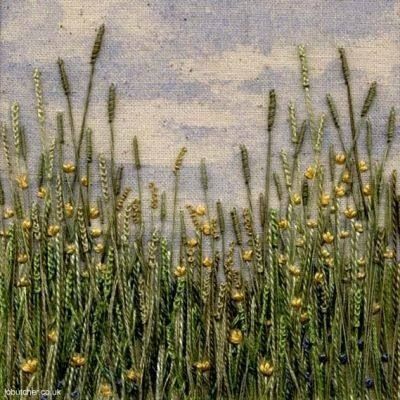 Embroidered Landscapes, Landscape Embroidery, Textiles Art, Textile Art Embroidery, Golden Wheat, Painted Background, Landscape Quilts, Fabric Collage, Pola Sulam