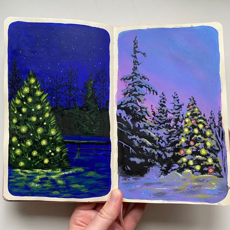 Gouache Art Christmas, Trees Art Drawing, Himi Gouache, Sketchbook Spread, Art Gouache, Manga Hair, Christmas Tree Art, Christmas Painting, Gouache Art