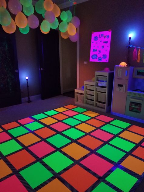 Glow Dance Floor, Diy Disco Dance Floor, Halloween Dance Floor, Diy Dance Room, Disco Classroom Decor, Dance Room Ideas, Neon Dance Floor, Dance Theme Ideas, 8th Grade Dance Themes