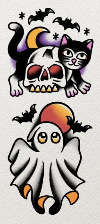 Halloween Simple Tattoo Ideas, Traditional Filigree Tattoo, American Traditional Halloween Tattoo Flash, Ghost American Traditional Tattoo, Traditional Dracula Tattoo, Halloween Traditional Tattoo Flash, American Traditional Ghost Tattoo, Halloween Tattoo Traditional, Get What You Get Tattoo