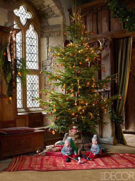 In the banquet hall of a home in  Derbyshire, England, a quaint christmas tree from the estate is decorated with pinecones, dried oranges, and cinnamon sticks.  ELLE DECOR, December 2015    - ELLEDecor.com Natal Country, English Christmas, Christmas Memories, Beautiful Christmas Trees, Old World Christmas, Princess Bride, Kwanzaa, Victorian Christmas, Noel Christmas