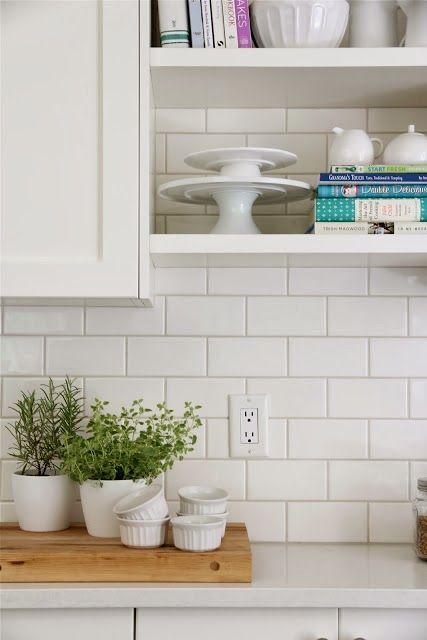 An Urban Cottage: White vs. Gray Grout- here's an example of light gray grout- pretty 3x6 White Subway Tile, White Subway Tile Kitchen, Grey Grout, White Subway Tile Backsplash, Subway Tile Kitchen, Herringbone Backsplash, White Subway Tiles, White Backsplash, White Kitchen Design