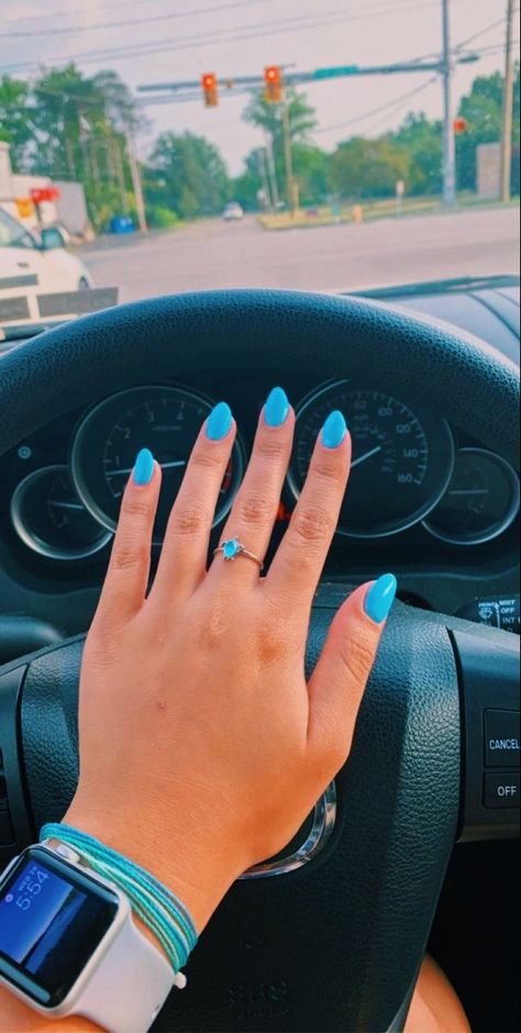 Cute Short Acrylic Nails Almond Light Blue, Short Solid Acrylic Nails, Gel Nail Almond Shape, Almond Cruise Nails, Blue Hoco Nails Short, Trendy Acrylic Nails Almond Summer, Summer Nails Square Round, Solid Nail Color Ideas Summer Short, Gel Nails Ideas Solid Color