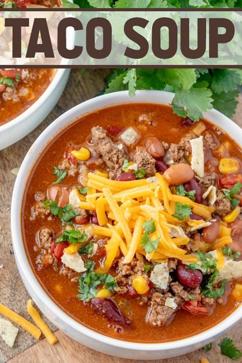 Taco Soup is hearty and satisfying recipe with plenty of ground beef, beans, corn, and tomatoes in a zesty taco flavored broth. Leftover Taco Meat, Ground Beef Beans, Easy Taco Soup, Taco Ingredients, Soups And Chowders, Taco Soup Recipe, Soup Chowder, Chili Stew, Best Soup