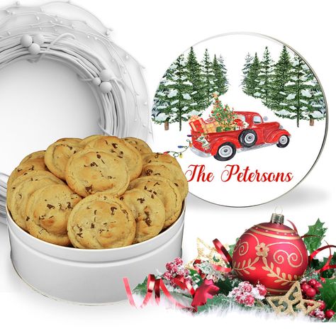 Christmas Cookie Tins, Personalized Christmas Cookies, Christmas Cookie Boxes, Train Cookies, Give And Receive, Cookie Tin, Snowflake Cookies, Personalized Cookies, Fir Trees