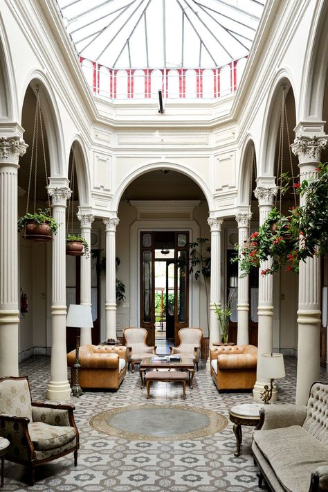 Shortly after we first arrived in Buenos Aires, we started getting a lot of recommendations for Le Tigre, a vacation town originally known for their tigers. Both tourists and locals alike seemed to love it, so we decided to make a weekend of it. We stayed nearby in San Isidro at the beautiful Hotel Del...Continue Reading Classic Hotel, Indoor Patio, Hotel Lobby Design, Lobby Design, Bungalow House Design, Hotel Decor, Courtyard House, Hotel Interior, Luxury Homes Dream Houses