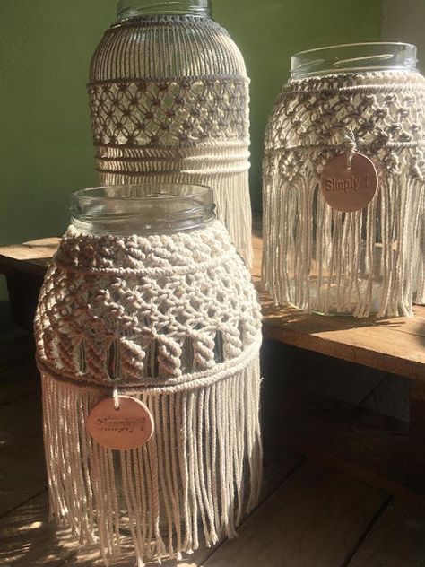 Pickle Jar Crafts, Macrame Jars, Macrame Kitchen, Macrame Vase, Macrame Candle Holder, Macrame Wedding Decor, Macrame Light, Glass Lanterns, Macrame Chairs