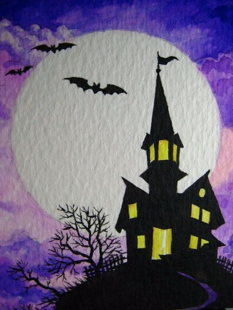 WATERCOLOR PAINTING HALLOWEEN Haunted House Bat Big Moon Night Autumn ACEO Art - $25.20 | PicClick Halloween Drawings House, Halloween Moon Drawing, Haunted House Painting Ideas, Halloween Art Drawing Illustrations, Halloween House Painting, Halloween Drawings Ghost, Halloween Artwork Drawing, Halloween Paint Ideas, Halloween House Drawing