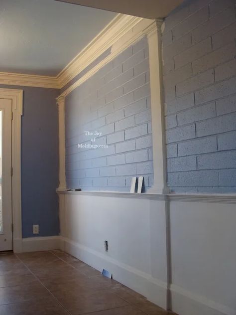 wainscoting-on-brick-wall-kitchen-2 Kitchen Blue Walls, Wall Crown Molding, Kitchen Molding, Beadboard Half Wall, Kitchen Brick Wall, Kitchen Brick, Brick Wall Kitchen, Bathroom Wainscoting, Painted Brick Wall