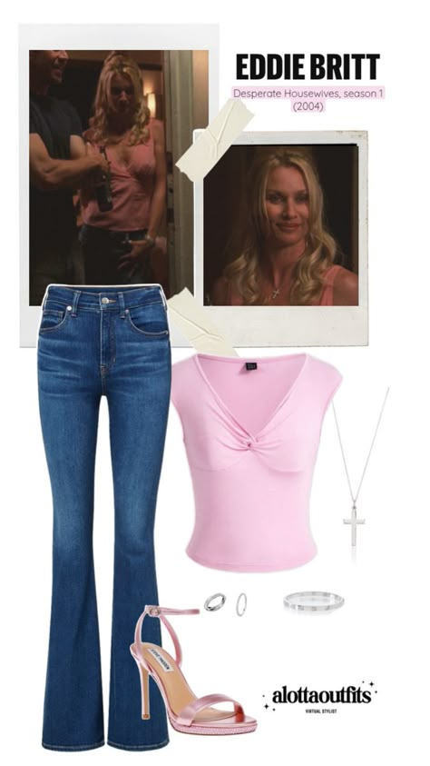 Edie Britt inspired outfit featuring a pink top, denim jeans and silver jewelry Confident Outfits, Edie Britt, Early 2000s Trends, Confident Outfit, Desperate Housewives, Wife And Kids, Glamorous Style, Simple Trendy Outfits, Rachel Zoe