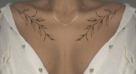 Floral Collar Bone Tattoos For Women, Marigold Collar Bone Tattoo, Self Value Tattoo, Cherry Blossom Hip Tattoos Women, Color Bone Tattoos For Women Unique, Aesthetic Lower Back Tattoos, Collarbone Tattoo Leaves, Minimal Collar Bone Tattoo, Symetric Tattoo Collar Bone