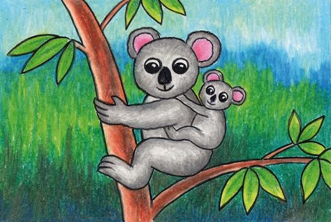 Subject Drawing, Watercolor Course, Basic Drawing For Kids, Scenery Drawing For Kids, Koala Drawing, Climbing A Tree, Train Drawing, Drawing Scenery, Scenery Drawing