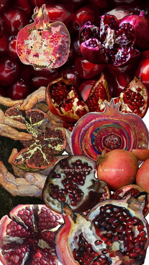 pomegranate fruit writing poetry metaphors Persephone Alter, Queen Of Underworld, Pomegranate Poster, Pomegranate Dressing, Pomegranate Art, Artisan Market, Cherry Wine, Heart Illustration, Photo Wall Collage