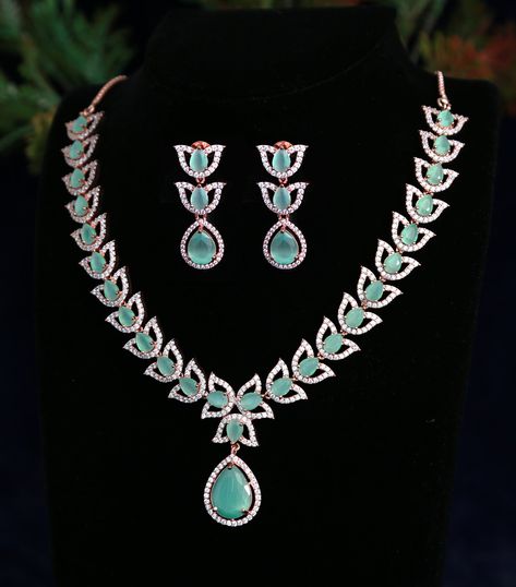 Beautiful high quality tear-drop shape mint green stone CZ American Diamond necklace with high quality rose gold finish. Mint Green Necklace, Rose Gold Jewelry Set, Quinceanera Jewelry, Nice Necklaces, Fancy Diamond Ring, Indian Wedding Jewelry Sets, Neck Pieces Jewelry, American Diamond Jewellery, American Diamond Necklaces