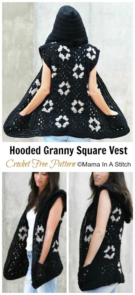 Granny Square Vest Crochet Free Patterns - Crochet & Knitting Granny Square Vest, Granny Square Poncho, Crochet Granny Stitch, Granny Square Häkelanleitung, Crochet Vests, Crochet Jackets, Vest Pattern Free, Vest Crochet, Crochet Wearables