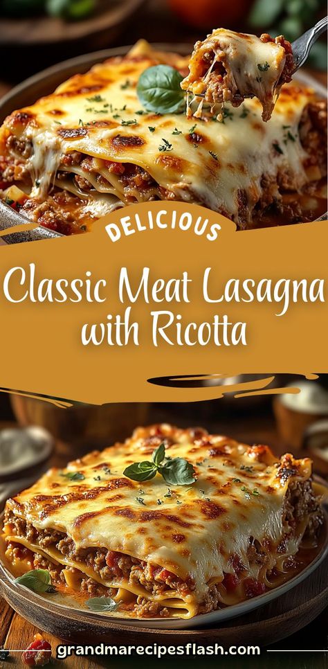 This classic lasagna with rich meat sauce, creamy ricotta, and melted mozzarella is the perfect meal after a long day! It's a comforting, hearty dish that your family will love. Perfect for meal prep and leftovers Meat Lasagna Recipe With Ricotta, Lasagna Sauce Recipe, Easy Meat Lasagna, Easy Lasagna Recipe With Ricotta, Lasagna No Meat Recipe, Lasagna With Meat Sauce, Cheesy Noodles, Recipe With Ricotta, Healthy Lasagna Recipes