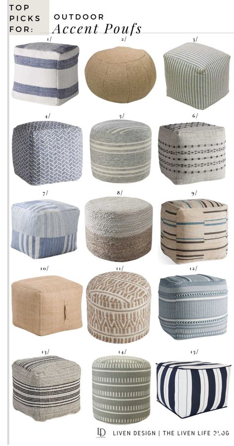 Outdoor Accent pouf. Indoor outdoor pouf. Living room seating. Upholstered pouf. Round pouf. Stool. Bedroom. Woven. Neutral. Tribal. Boho. Modern. Striped. Pouf with leather handle. Tufted. Square pouf. Blue and white woven pouf. Burlap. Farmhouse. Traditional. Bedroom pouf. Living room. Ottoman. Seagrass ottoman pouf. Natural pouf. Rattan. Jute pouf. Indoor outdoor pouf. Patio. Outdoor decor. Black and white. Cream. Coastal. Boho. Gray. Medallion. Linen. Pinstripe. Ticking stripe. Beige. Plush. Blue Pouf Ottoman, Square Ottoman Poof, Outdoor Pouf Seating, Poof Ottomans, Seagrass Ottoman, Rustic Style Interior Design, Poufs In Living Room, Poofs Ottoman, Pouf Ottoman Living Room