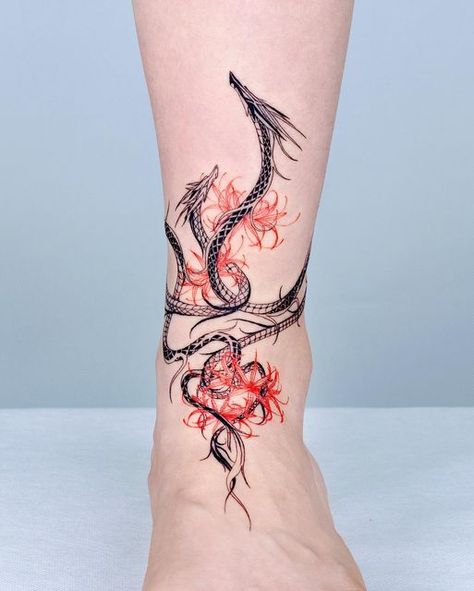 Year Of The Dragon Tattoo For Women, Dragon Ankle Tattoo Wrap Around, Dragon Ankle Tattoo, Dragon Tattoo Ankle, Wrap Around Ankle Tattoos, Cute Ankle Tattoos, Lower Leg Tattoos, Ankle Tattoo Designs, Wrap Tattoo