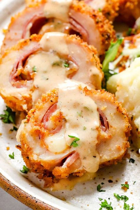 Chicken Cordon Bleu - Carlsbad Cravings Pork Cordon Bleu, Gluten Free Chicken Cordon Bleu, Chicken Cordon Bleu Soup, Cordon Bleu Sauce, Chicken Cordon Bleu Sauce, Baked Chicken Cordon Bleu, Easy Chicken Cordon Bleu, Baked Stuffed Chicken, Spicy Baked Chicken