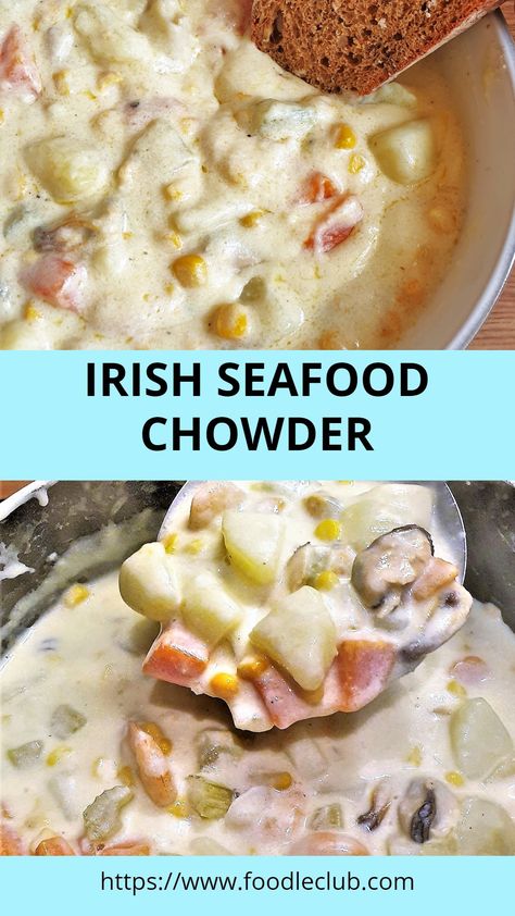 Irish Seafood Chowder Recipe Ireland, Irish Fish Stew, Irish Fish Chowder, Irish Soups And Stews, Slow Cooker Seafood Chowder, Irish Fish Recipes, Seafood Soup Recipes Easy, Seafood Soups And Stews, Easy Seafood Chowder