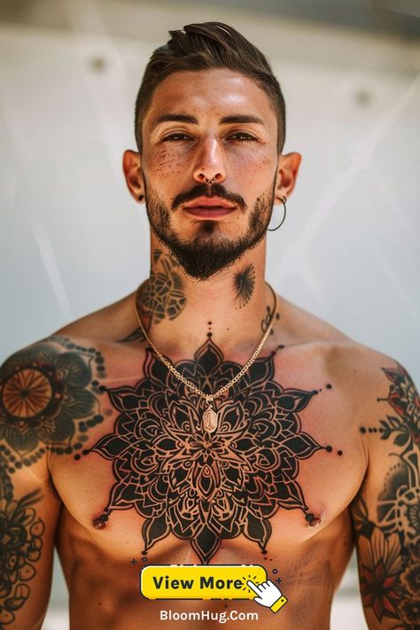 This chest tattoo combines a geometric mandala design with star-shaped accents around the edges. The central flower-like structure adds depth and meaning, while the smaller, detailed patterns create an artistic flow across the chest. Mandala Tattoo For Men, Chest Tattoo Ideas For Men, Tattoo For Men Ideas, Mandala Chest Tattoo, Chest Tattoo Ideas, Mandala Tattoos, Symmetrical Design, Tattoo Ideas For Men, Geometric Mandala