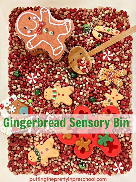 A chickpea-based gingerbread sensory bin children will love. Shop the dollar stores for gingerbread accessories to fill the bin. Gingerbread Sensory Bin, Gingerbread Sensory, Toddler Apple Crafts, Gingerbread Activities Preschool, Gingerbread Accessories, Winter Sensory Bin, Gingerbread Unit, Christmas Activities For Toddlers, Toddler Sensory Bins