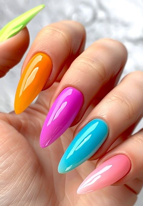 Bright jelly nails for summer. Spring Rainbow, Rainbow Nails Design, Multicolored Nails, Bright Summer Nails, Rainbow Nails, Nails 2024, Gel Nail Designs, Elegant Nails, Funky Nails