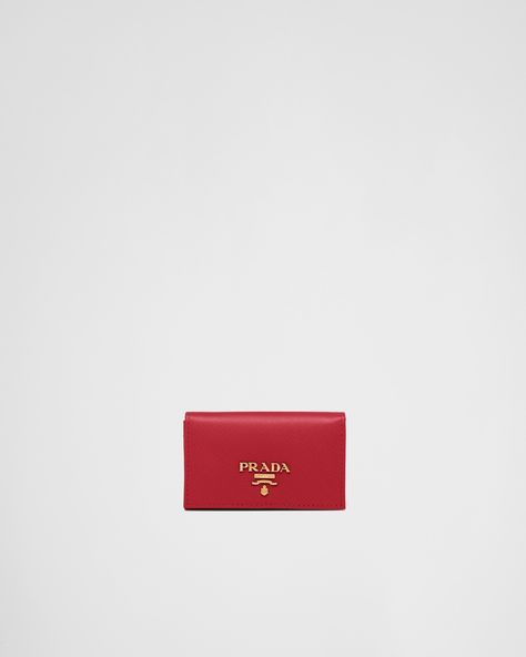 Fiery Red Saffiano Leather Card Holder | PRADA Prada Card Holder, Leather Credit Card Holder, Leather Card Holder, Snap Fasteners, Fiery Red, Credit Card Holder, Card Holder Leather, Letter Logo, Snap Closure