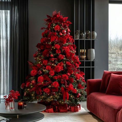 Red roses and velvet ribbons transform a Nordic Christmas tree into a centerpiece of elegance. Subtle gold baubles complete the warm, Scandinavian-inspired aesthetic. Red Flower Christmas Tree, Ruby Christmas Tree, Floral Xmas Tree, Elegant Xmas Trees, Christmas Tree With Red Roses, Red Rose Christmas Tree, Red Tree Aesthetic, Red Christmas Tree Aesthetic, Red And Burgundy Christmas Tree