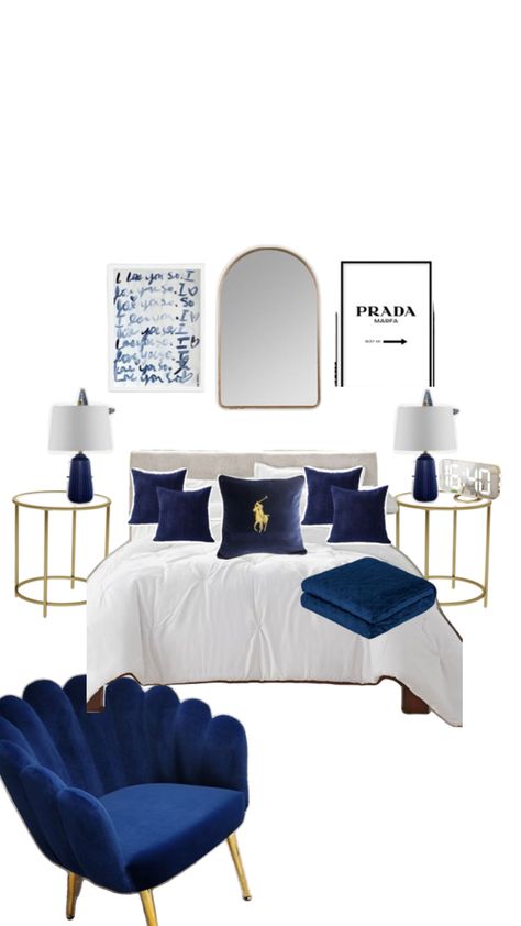 Navy Blue Carpet Bedroom, Clean Girl Room Aesthetic Navy Blue, Dorm Room Navy Blue, Navy Bed Ideas, Navy Room Decor Bedroom, Navy Bedroom Aesthetic, Navy Room Aesthetic, Gold And Blue Bedroom, Bedroom Inspirations Navy