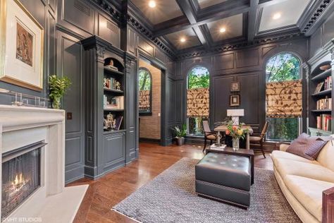 Gray Traditional Library With Coffered Ceiling | HGTV Painted Coffered Ceiling, Coffer Ceiling, Traditional Library, Wood Fireplace Surrounds, Coffered Ceiling Design, Design 101, Transitional Living Rooms, Built In Bookcase, White Ceiling