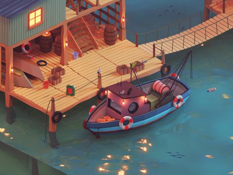 Fishing Station by Mehdi Rezaee for Piqo on Dribbble Fishing Station, Batik Artwork, Blender Inspiration, Props Concept, Low Poly Games, 3d Concept, Isometric Art, Game Environment, Isometric Design