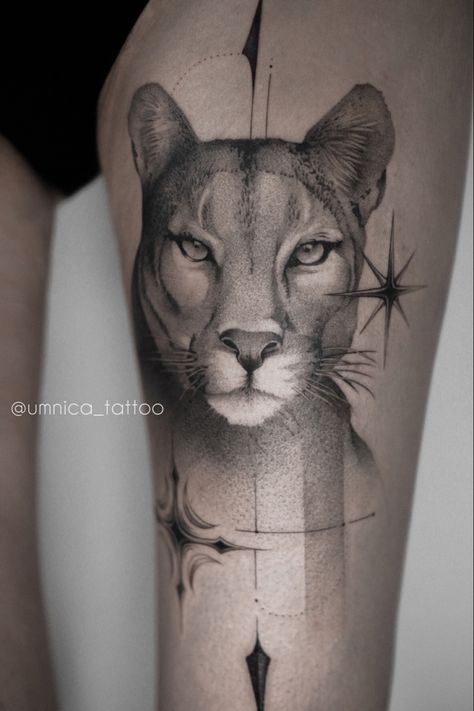 Jaguar Shoulder Tattoo, Puma Tattoo For Women, Puma Tattoo Design, Panther Face Tattoo, Realistic Animal Tattoos, Realistic Cat Tattoo, Puma Tattoo, Cool Animal Tattoos, Big Cat Tattoo