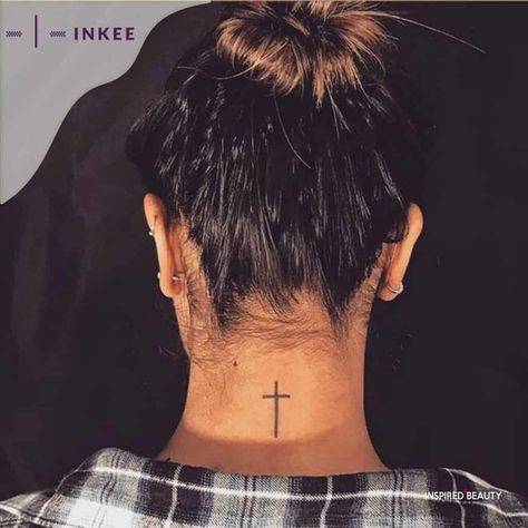 29 Coolest Neck Tattoos For Women, Simple and Bold Women’s Word Neck Tattoo, Small Nape Tattoo, Cross On Back Of Neck, Behind Neck Tattoo Woman, Word Neck Tattoos, Wing Neck Tattoo, Back Of Neck Tattoos For Women, Hanger Tattoo, Nape Tattoo