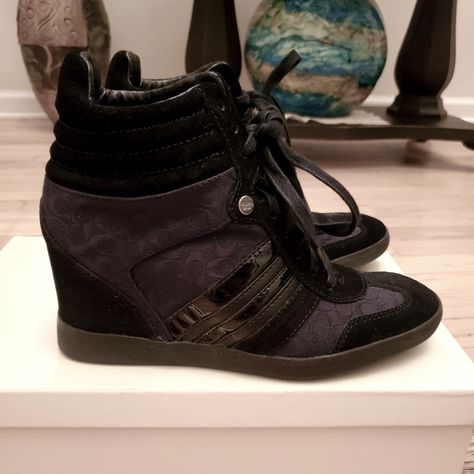 Coach Wedge Sneakers Black Suede Nwt Size 8 Kyrie Sneakers, 2014 Vibes, Sneaker Wedges, Black Canvas Shoes, Black Wedge Sneakers, Wedge Heel Sneakers, Coach Sneakers, White Tennis Shoes, Tennis Fashion