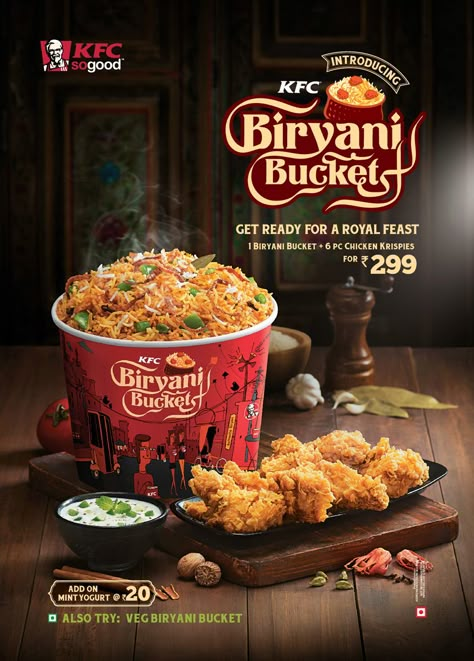 KFC Biryani Bucket on Behance Design Cibo, Food Advertisement, Veg Biryani, Mint Yogurt, Ads Creative Advertising Ideas, Flyers Design, Food Banner, 광고 디자인, Food Menu Design