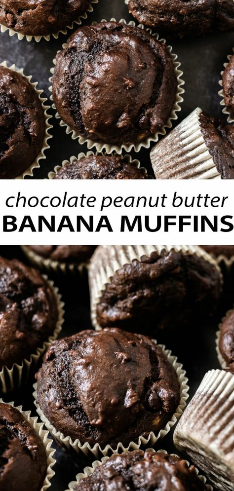 You haven't had a chocolate muffin until you've made these chocolate peanut butter banana muffins. It's where fudgy brownies meets moist peanut chocolate cake... for breakfast! This recipe is easy to follow and doesn't require a mixer! #muffins #bananamuffins #breakfastideas #breakfast Chocolate Banana Peanut Butter Muffins, Peanut Butter Banana Chocolate Muffins, Choco Banana Muffins, Healthy Chocolate Banana Muffins, Peanut Butter Chocolate Muffins, Banana Peanut Butter Muffins, Chocolate Chip Banana Bread Muffins, Chocolate Banana Brownies, Banana Breakfast Muffins