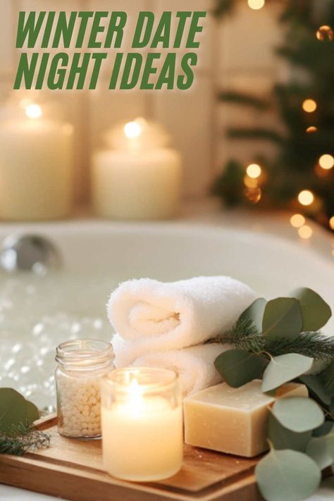 A serene bath setup featuring a tray with a lit candle, soft towels, eucalyptus sprigs, and soap. The background has glowing candles and festive holiday lights for a calming winter ambiance. Spa Date Night, Winter Date Night Ideas, Winter Bath, Parisian Picnic, Diy Hot Cocoa, Winter Date Night, Indoor Picnic, Winter Wellness, Sand Candles