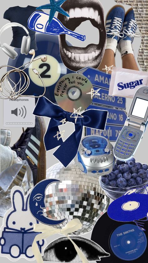 Navy blue cool girl aesthetic adidas 8ball phone wallpaper background collage bows music discoball photoshop silver cute pretty fashion style streetwear gorpcore sporty Collage Phone Wallpaper, Blue Aesthetic Collage, Navy Blue Aesthetic, Stussy Wallpaper, Streetwear Wallpaper, Aesthetic Adidas, Background Collage, Navy Blue Fashion, Cool Girl Aesthetic