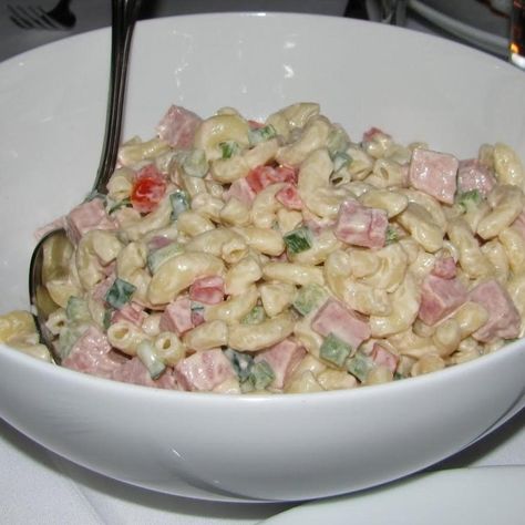 A friend of mine served her macaroni salad to me one night at a dinner party. I loved the taste. One day I made the salad and another friend took a bite and said, "This would taste magnificent if you added Spam to it. So I added Spam and now it's a hit when I take it to parties or serve it to my lunch quests. Pasta Salad With Spam, Spam Salad, Spam Recipes Dinners, Spam Recipes, Sweet Potato Gnocchi, Macaroni Salad Recipe, Just A Pinch Recipes, Cold Pasta, Cold Salad