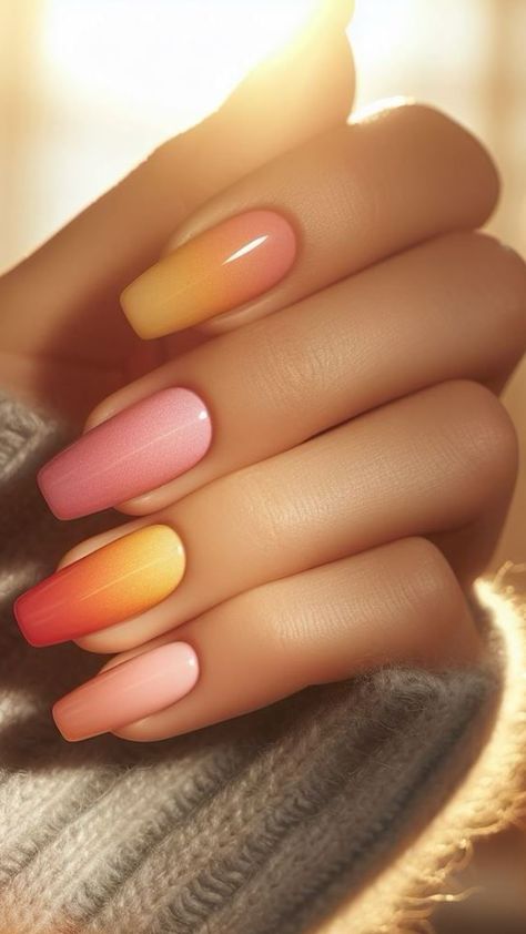 Sunset Nails Ombre, Sunset Ombre Nails, Honeymoon Nails, Ombre Nail Colors, Nail Color Combinations, Orange Ombre Nails, Nail Parlour, Sunset Ombre, Purple Ombre Nails