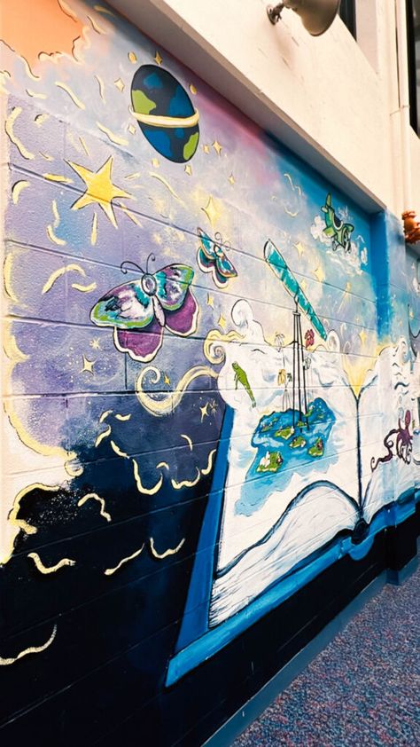 Reading Is Fundamental Mural - Inspiring Art at Cleveland School Reading Is Fundamental, School Hallway, Mural Inspiration, School Hallways, School Murals, Behr Paint, Blowing Bubbles, Mural Design, Inspiring Art