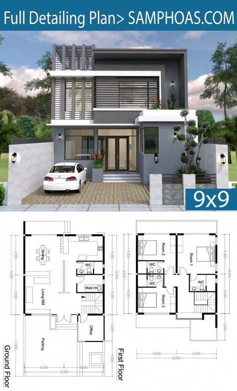 3 Bedrooms Villa Plan 13.7x19m - SamPhoas Plan 3 Bedroom House Plans, Villa Tugendhat, Philippines House Design, Two Story House Design, Modern House Floor Plans, 2 Storey House Design, Two Story House, Modern Bungalow House, Building Plans House