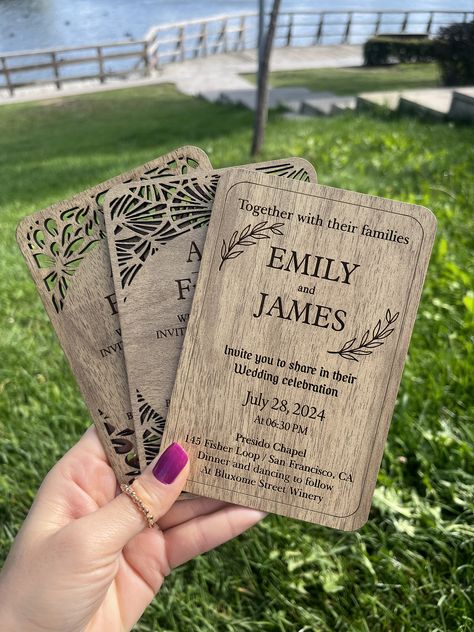 Personalized wooden wedding invitation, Rustic Invitation by Woodesignhouse on Etsy Wood Engraved Wedding Invitations, Wooden Wedding Invites, Laser Wedding Invitations, Wooden Save The Dates, Laser Cut Tree Wedding Invitations, Wooden Wedding Invitations, Rustic Invitation, Wedding Invitation Rustic, Wood Wedding Invitations