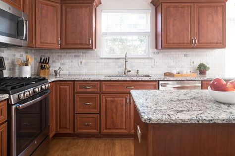 A Stunning Transitional Kitchen Makeover Featuring Cherry Cabinets Cherry Kitchen Cabinets, Cherry Wood Kitchen Cabinets, Hale House, Cherry Wood Kitchens, Cherry Floors, Gallery Kitchen, Kitchen Design Gallery, Brown Kitchen Cabinets, Grandparents House