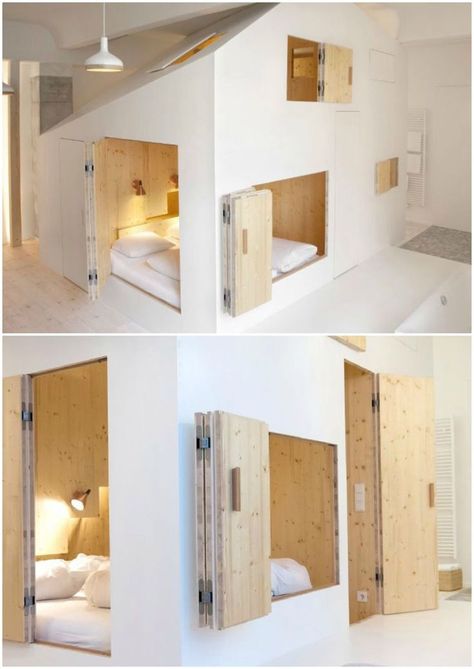 Tiny House Shed Conversion, Pod Bed, Alcove Bed, Lodge Bedroom, Plywood House, Community Ideas, Bed Nook, Wooden Interior, Plywood Interior