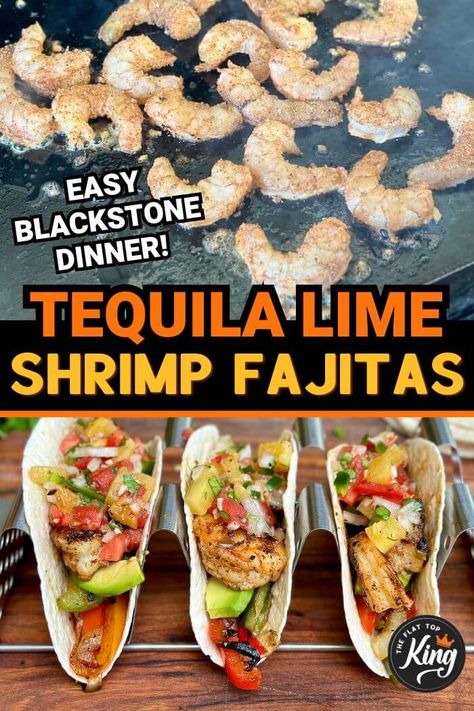 Looking for some new griddle recipes to make for dinner?  Try these yummy griddle shrimp fajitas!  The tequila lime shrimp fajitas are easy to make with basic ingredients, and WAY better than the fajitas that you get at a Mexican restaurant!  Perfect fajitas to make on the Blackstone griddle or flat top grill! Shrimp Fajitas On Blackstone Griddle, Dinner On Flat Top Grill, Fajitas On The Blackstone, Blackstone Shrimp Tacos, Griddle Shrimp Recipes, Shrimp On Blackstone Griddle, Fajitas On Blackstone Griddle, Blackstone Shrimp Recipes, Flat Top Grill Recipes Dinners